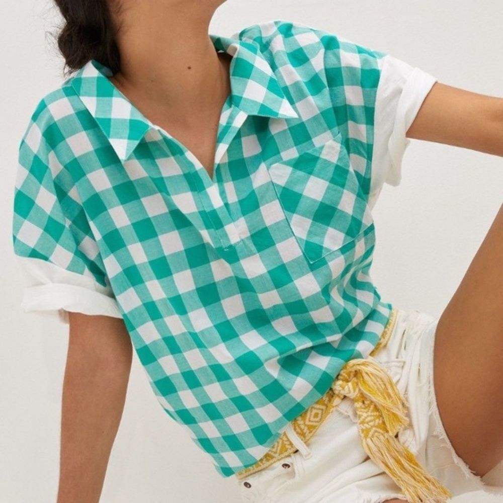 ANTHROPOLOGIE Porridge Golda Gingham Tie Back Top Shirt Green Small